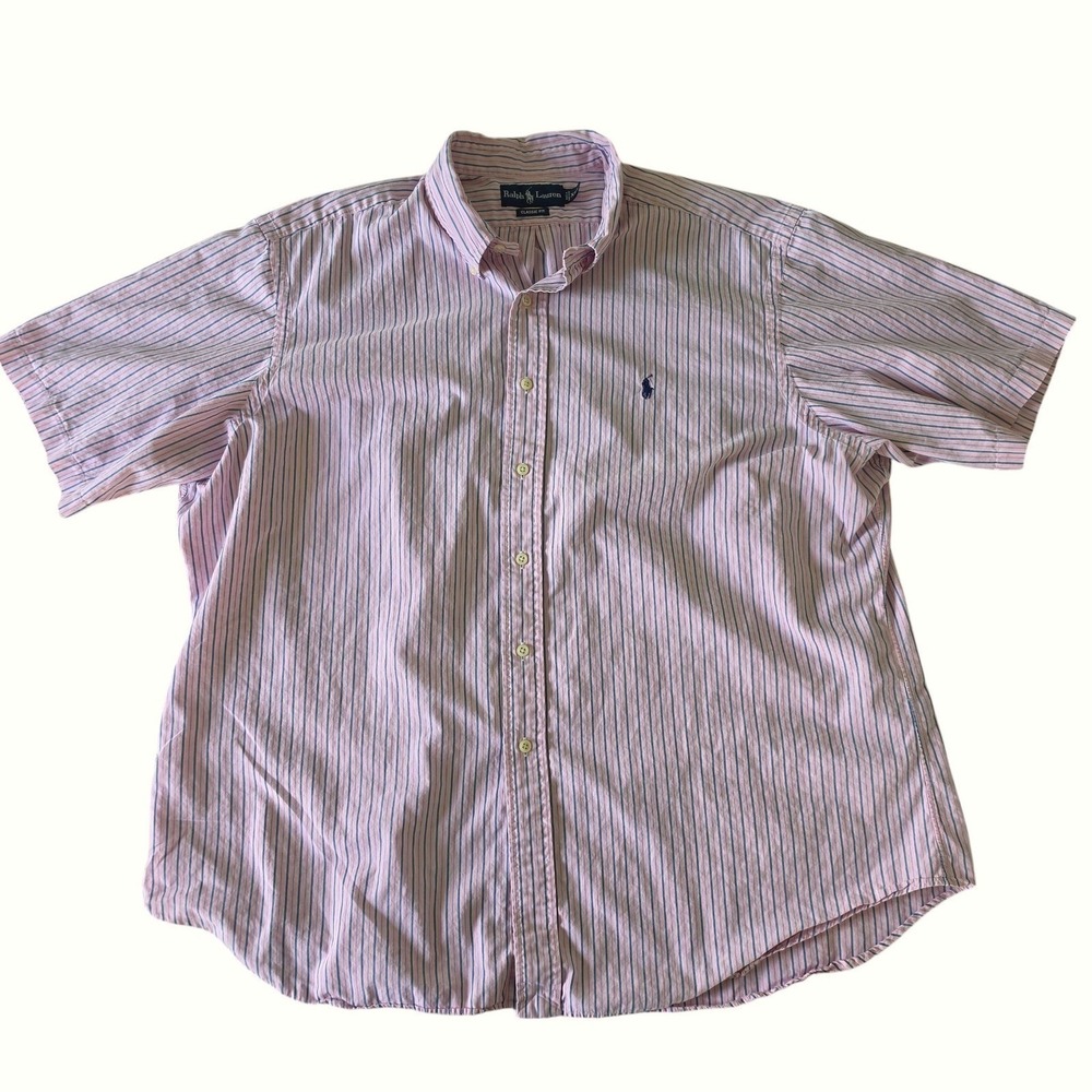 Vintage Ralph Lauren Mens Button Down Shirt Pink Blue Striped Classic Fit XXL - Picture 2 of 6